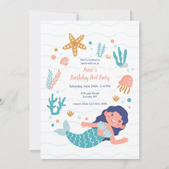 Invitation Fête de la piscine d'anniversaire de la sirène (Devant)