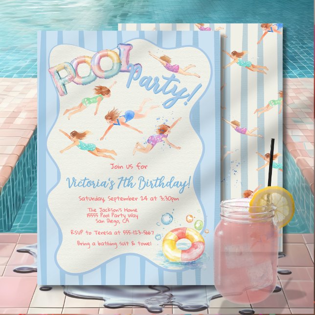 Invitation Fête de la piscine d'anniversaire de Preppy (Créateur téléchargé)