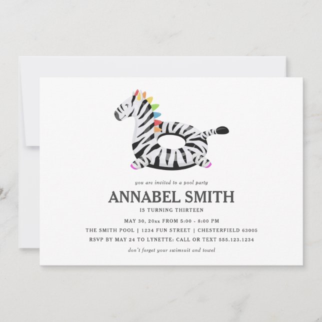 Invitation Fête de la piscine d'anniversaire du Zebra Float (Devant)