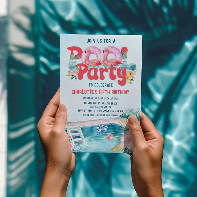 Invitation Fête de la piscine de Flamant rose tropical Annive (Pool Party Flamingo tropical Pool Birthday Party, Summer Swimming Party Birthday Party Invitation)