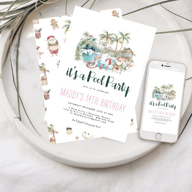 Invitation Fête de la piscine de Noël tropicale Anniversaire (Créateur téléchargé)