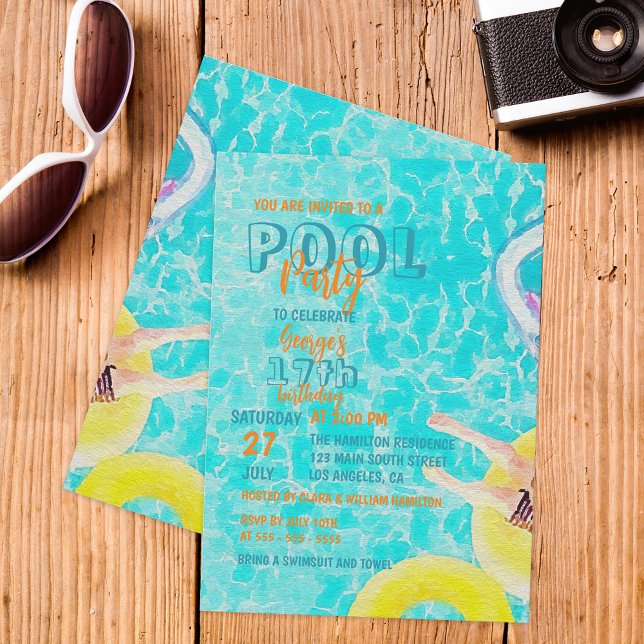 Invitation Fête de la piscine d'été de l'aquarelle Anniversai (Créateur téléchargé)