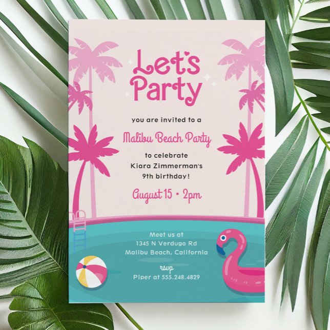 Invitation Fête de la piscine d'été de Malibu Beach Doll (Malibu beach doll party invitation with swimming pool, palm trees and flamingo)