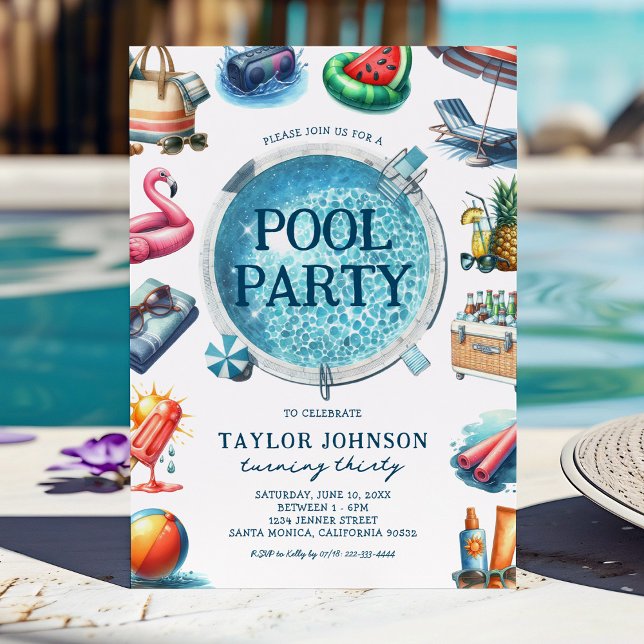 Invitation Fête de la piscine d'été pour adultes Anniversaire (Créateur téléchargé)