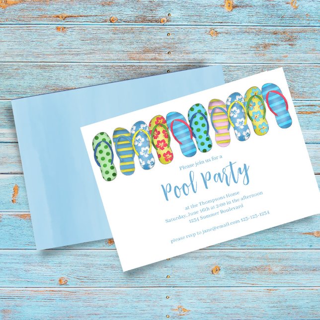 Invitation Fête de la piscine d'été tongs (Summer pool party whimsical flip flops invitation.)