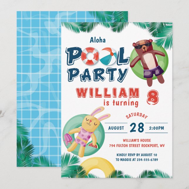 Invitation Fête de la piscine d'été tropicale Anniversaire (Devant / Derrière)