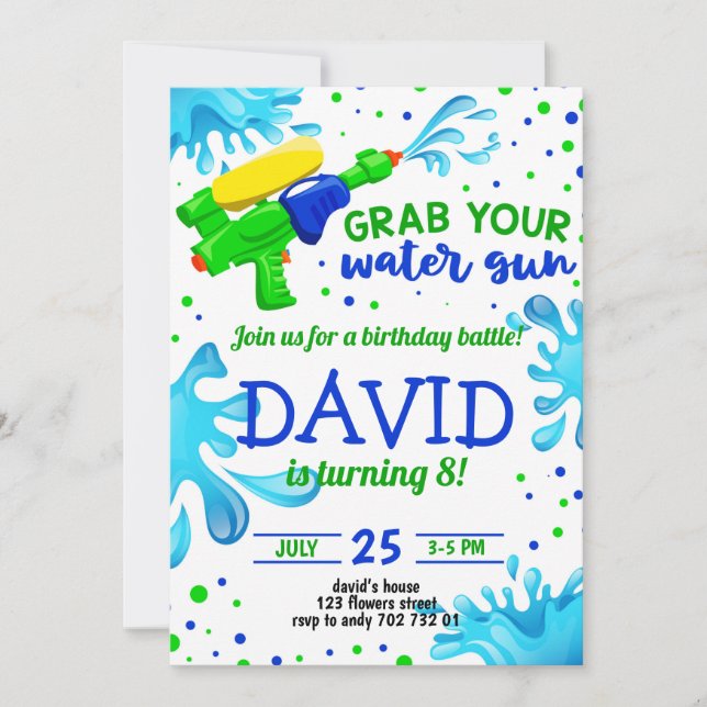 Invitation Fête de la piscine d'été Water Gun Boy Anniversair (Devant)