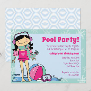 Invitation Fête de la piscine d'hiver Fille des cheveux noirs