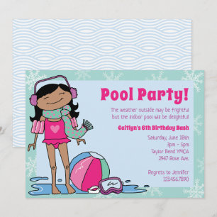 Invitation Fête de la piscine d'hiver Fille des cheveux noirs