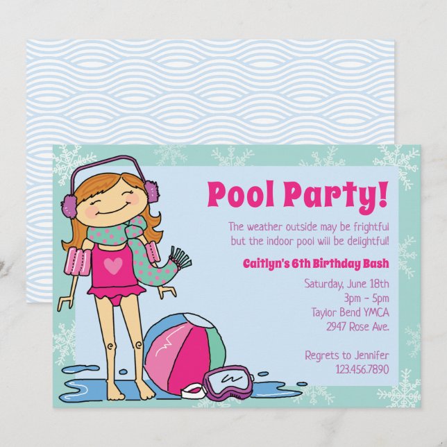 Invitation Fête de la piscine d'hiver Red Hair Girl Piscine i (Devant / Derrière)