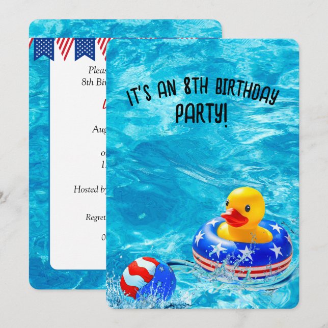 Invitation Fête de la piscine du 8e anniversaire avec canard  (Devant / Derrière)