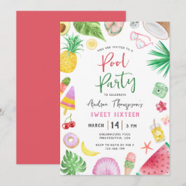 Invitation Fête de la piscine moderne Sweet sixteen d'été Ann