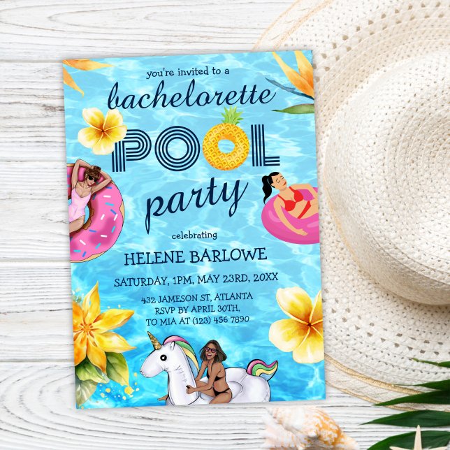 Invitation Fête de la piscine moderne Tropical Bachelorette (Modern Tropical Bachelorette Pool Party Invitation)