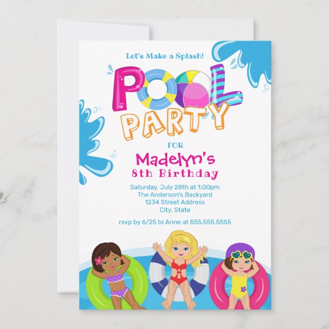 Invitation Fête de la piscine pour filles 8e anniversaire (Devant)