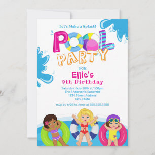 Invitation Fête de la piscine pour filles 9e anniversaire