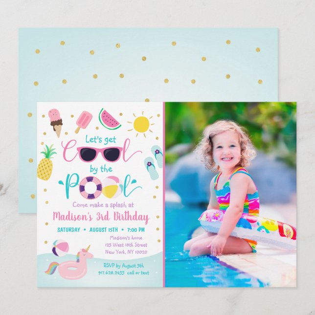 Invitation Fête de la piscine pour filles Cool (Devant / Derrière)