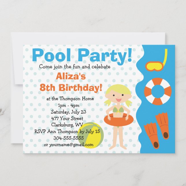 Invitation Fête de la piscine pour filles personnalisable (Devant)