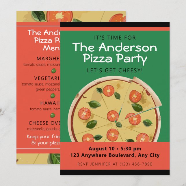 Invitation Fête de la pizza colorée (Devant / Derrière)