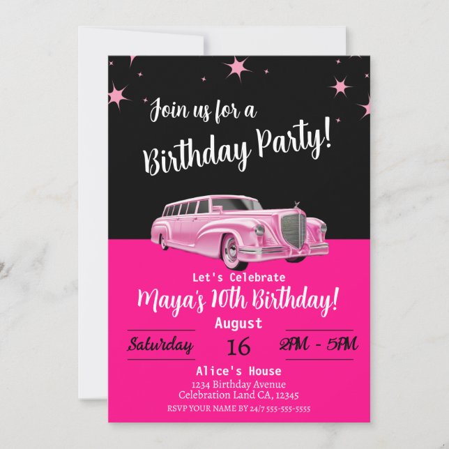 Invitation Fête de la poupée rose Limousine Anniversaire (Devant)