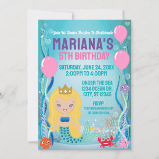 Invitation Fête de la Princesse Sirène (cheveux blonds)