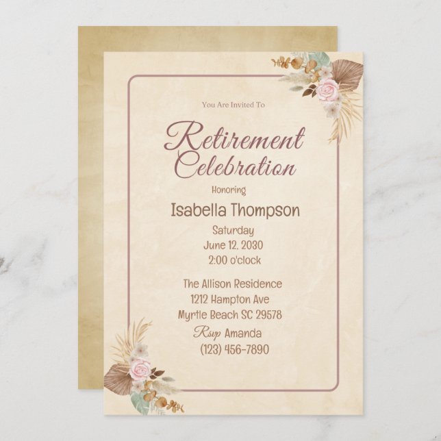 Invitation Fête de la retraite florale de Boho (Devant / Derrière)