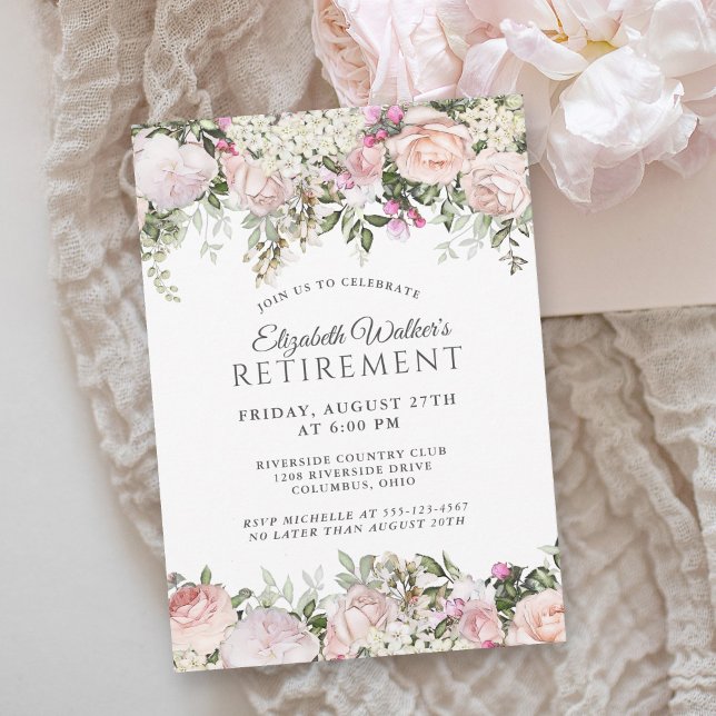 Invitation Fête de la retraite florale des Roses roses fémini (Available as printed and paperless digital download!)