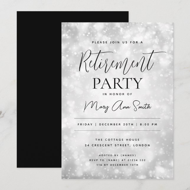 Invitation Fête de la retraite Glam Silver Champagne Sparkle (Devant / Derrière)