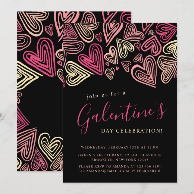 Invitation Fête de la Saint-Galentin moderne noir et rose (Devant / Derrière)