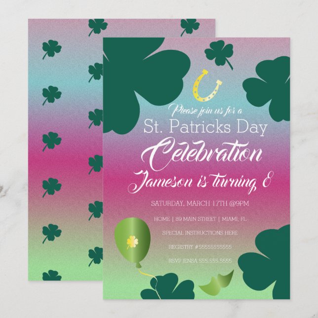 Invitation Fête de la Saint-Patrick Shamrock Paillettes (Devant / Derrière)