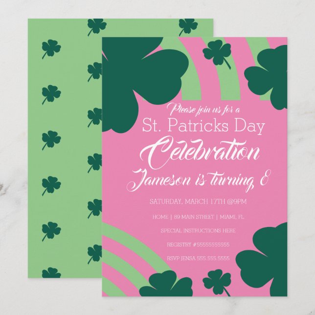 Invitation Fête de la Saint-Patrick Shamrock Vert Arc-en-ciel (Devant / Derrière)