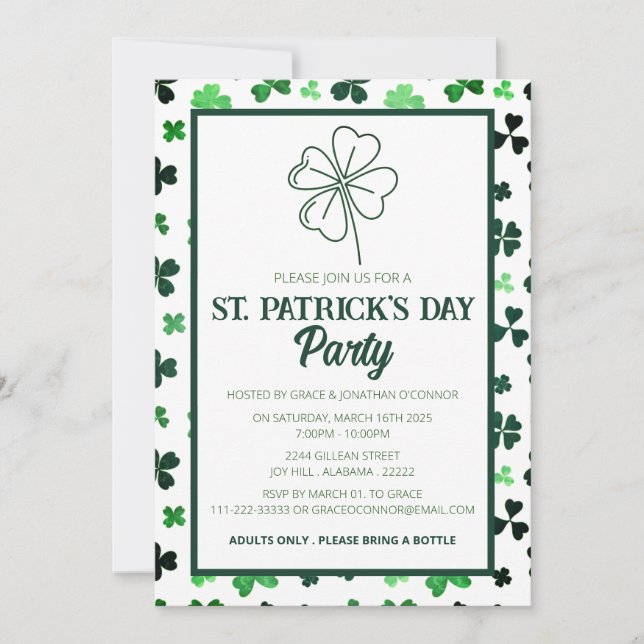 Invitation Fête de la Saint-Patrick Shamrock Vert Élégant (Devant)