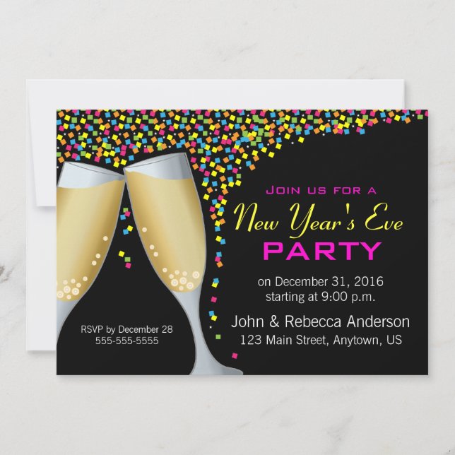 Invitation Fête de la Saint-Sylvestre Champagne & Confetti (Devant)
