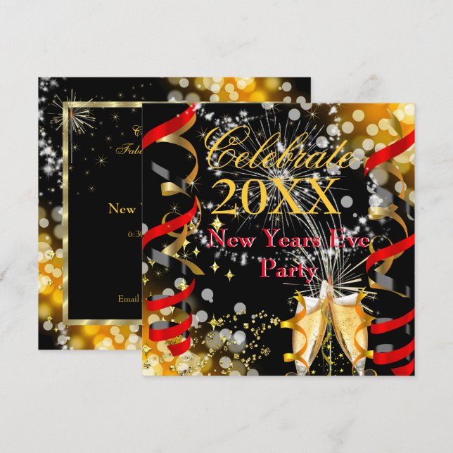 Invitation Fête de la Saint-Sylvestre Champagne Rouge Or (Devant / Derrière)