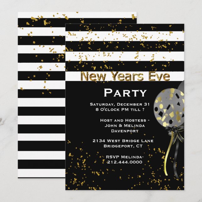 Invitation Fête de la Saint-Sylvestre moderne Noire, Blanc et (Devant / Derrière)