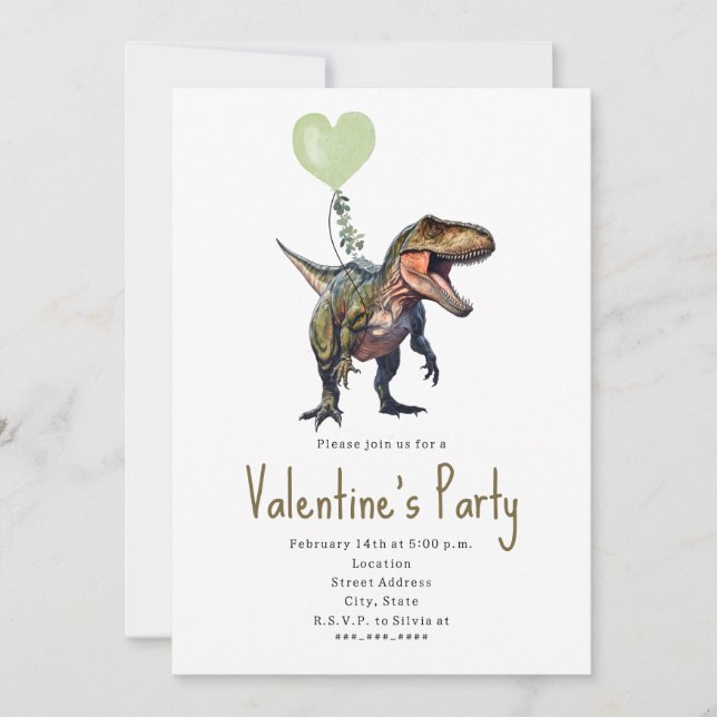 Invitation Fête de la Saint-Valentin Cœur Vert Dinosaure (Devant)