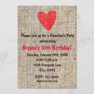 Invitation Fête de la Saint-Valentin en toile de jute à cœur 