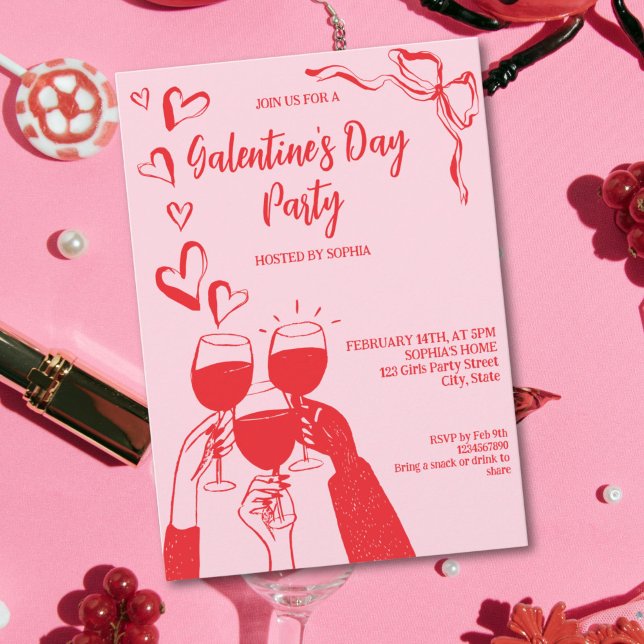 Invitation Fête de la Saint-Valentin entre filles rose et rou (Unique Hand Drawn Pink Red Galentine's Day Party Invitation)