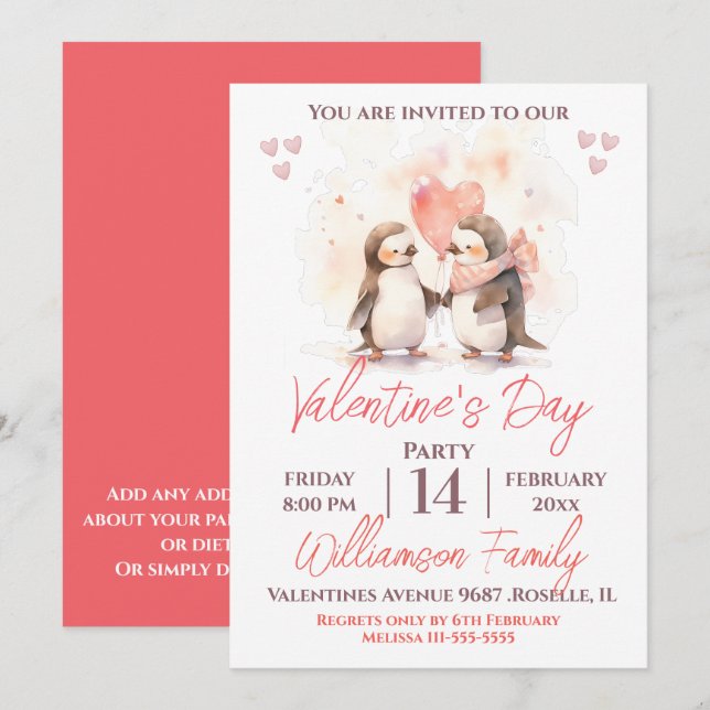 Invitation Fête de la Saint-Valentin Mignons manchots et fête (Devant / Derrière)