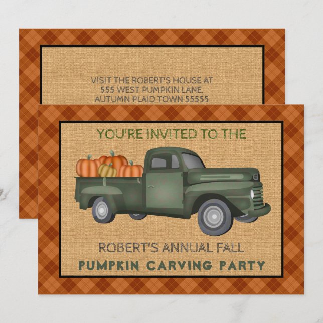Invitation Fête de la sculpture Citrouille Halloween Camion d (Devant / Derrière)