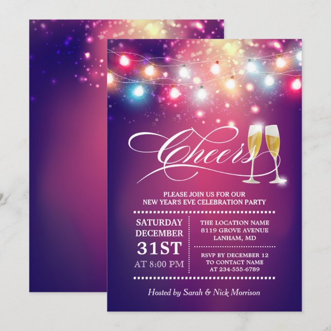 Invitation Fête de la Soirée du Nouvel An, Fête du Champagne (Devant / Derrière)