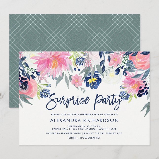 Invitation Fête de la surprise florale moderne Blush et Navy (Devant / Derrière)