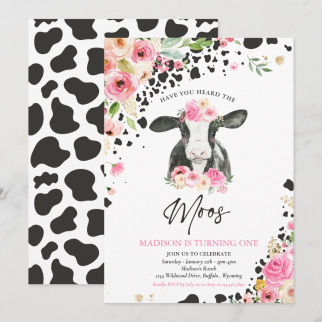 Invitation Fête de la vache Fête rose Floral Ranch Anniversai (Devant / Derrière)
