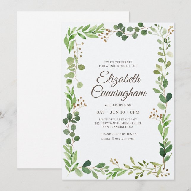 Invitation Fête de la vie Aquarelle Foliage Verdure (Devant / Derrière)