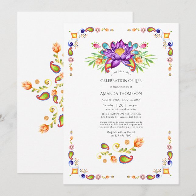 Invitation Fête de la vie de l'indien Floral Paisley (Devant / Derrière)