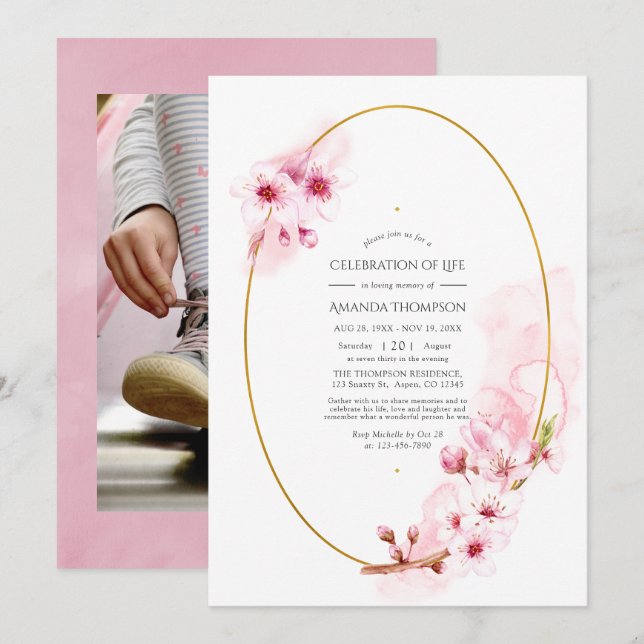 Invitation Fête de la vie en fleurs de cerisier rose (Devant / Derrière)