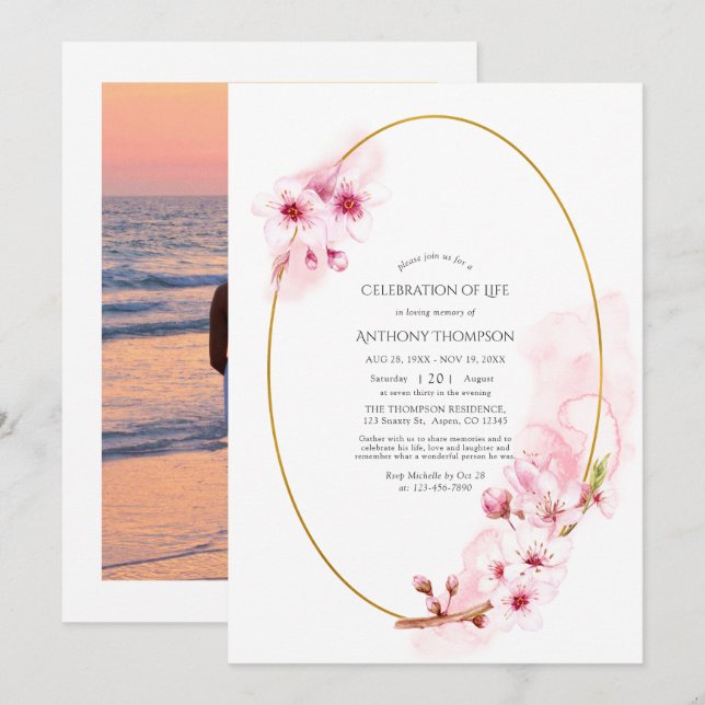 Invitation Fête de la vie en fleurs de cerisier rose (Devant / Derrière)