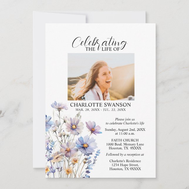 Invitation Fête de la vie Fleurs commémoratives Photo & Poème (Devant)