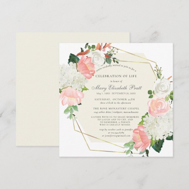 Invitation Fête de la vie Funérailles Rose Rose Rose Rose Ros (Devant / Derrière)