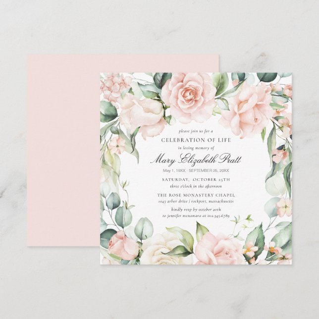 Invitation Fête de la vie Funéraire Photo Rose Floral (Devant / Derrière)