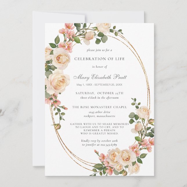 Invitation Fête de la vie Funéraire Photo rose florale (Devant)